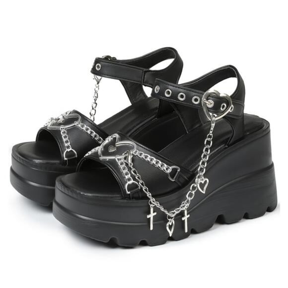 NEW - Gothic Women's Platform Sandals | Black PU‎ Cover Open Toe with - Picture 3 of 8